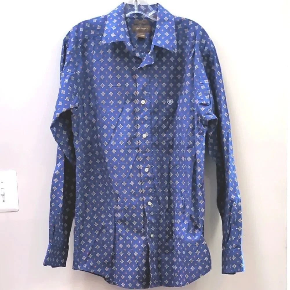 Ariat Blue Printed Western Cowboy Ranch Fitted Long Sleeve Button Shirt Sz L